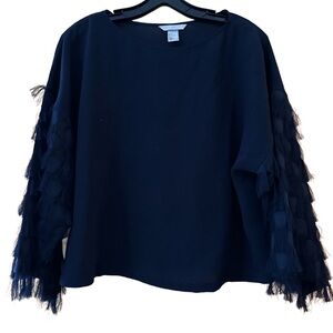 H&M 3/4 Sleeve Navy Top w/ Fringe Sleeve Detail